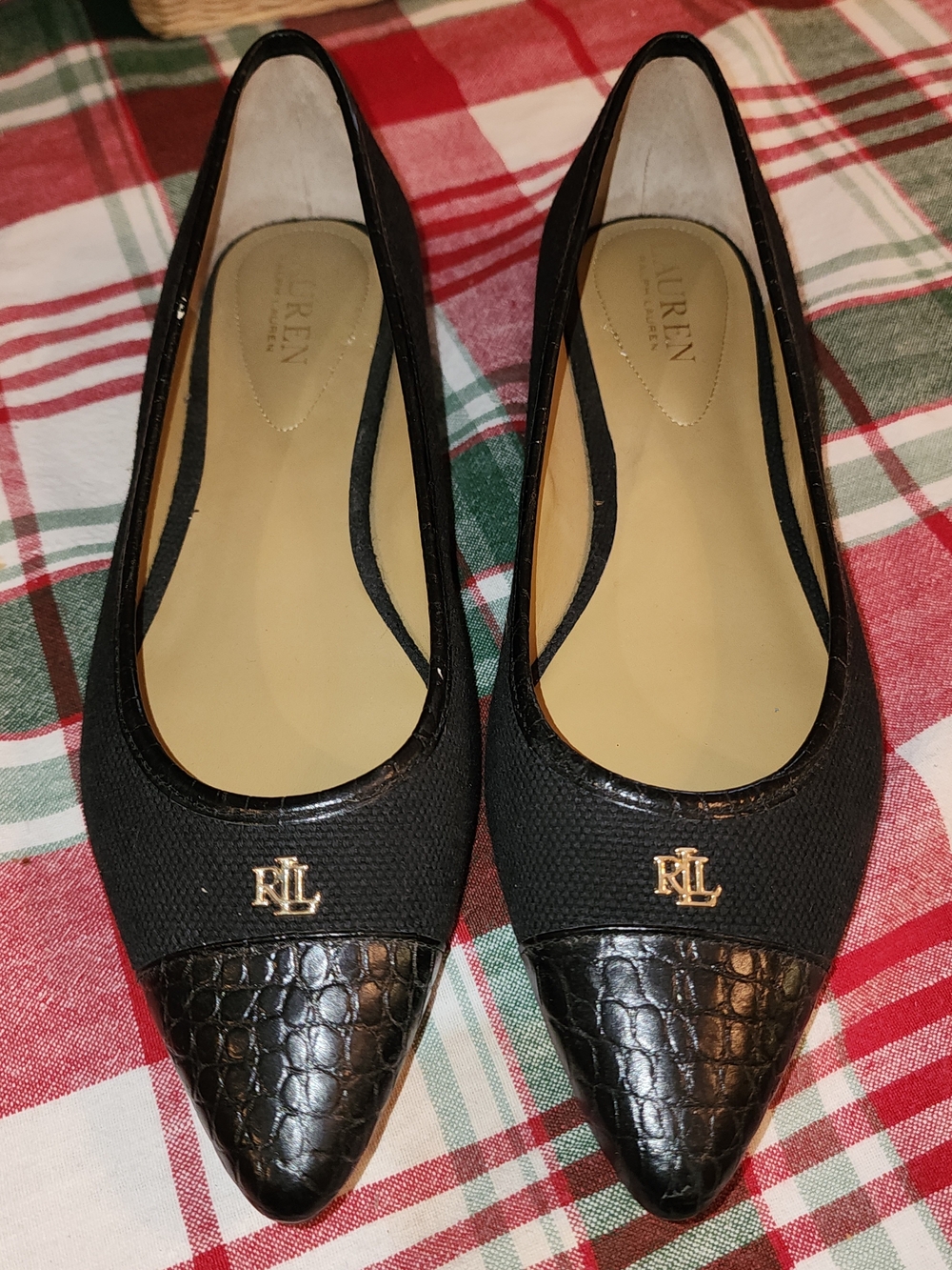 Lauren Ralph Lauren Black Pointed-Toe Croc-Trim Ballet Flats Size 8.5 Women